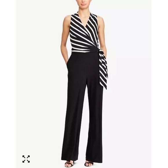 $155 Lauren Ralph Lauren Women's Black/White Striped Wide-leg Jumpsuit Size 18W